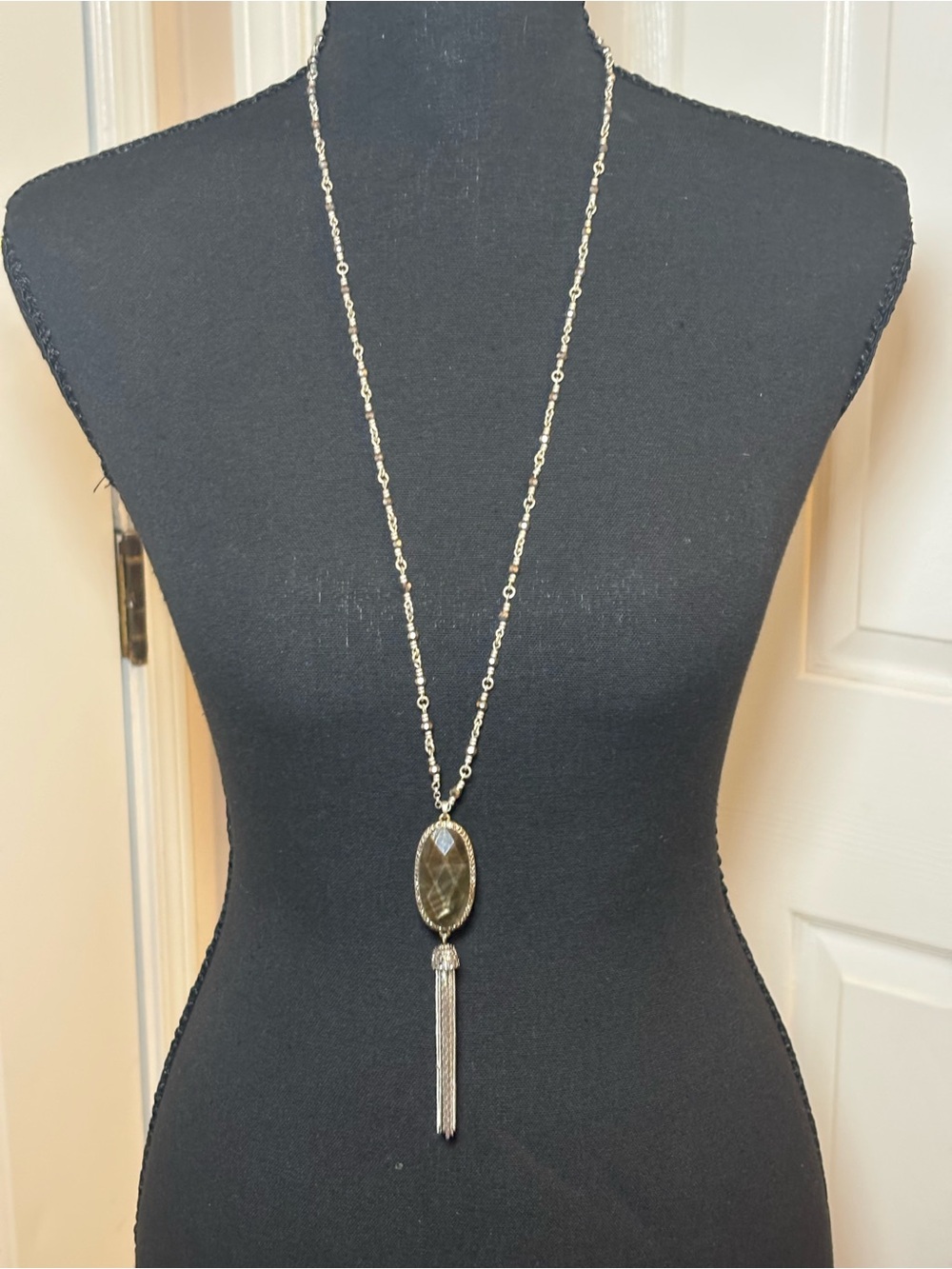 Lucky Brand Silver Chain Necklace with Olive Faceted Pendant and Tassel